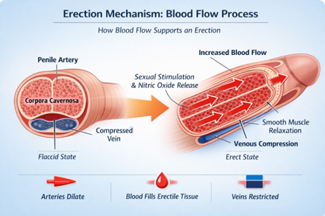 Medical diagram showing blood flow mechanism during erection, including penile arteries, corpora cavernosa, and venous compression.