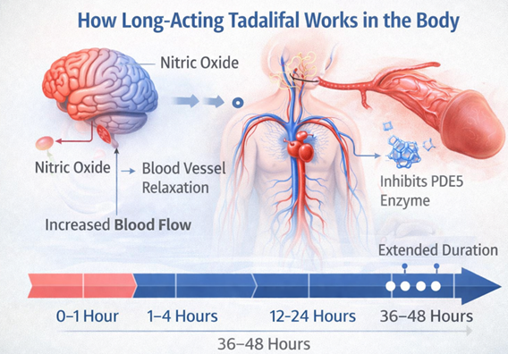 Medical diagram explaining how long-acting tadalafil works in the body and its 36–48 hour duration
